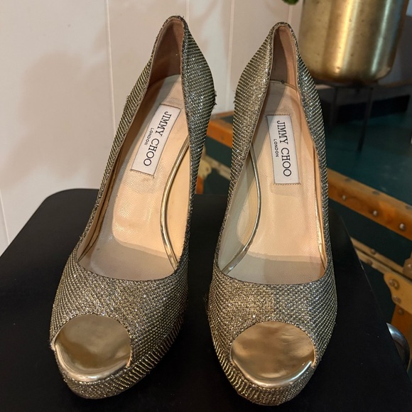 Jimmy Choo Shoes - Jimmy Choo Glittering Gold Peep Toe Heels